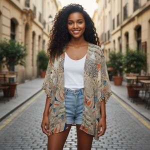 Umgee‎ USA Boho Kimono Small/Medium Beige Orange Blue Pom Pom Trim